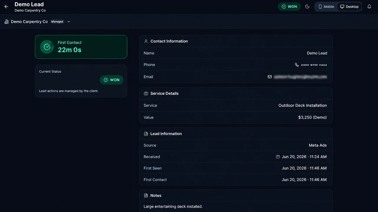 Lead detail showing Received, First Seen and First Action timestamps
