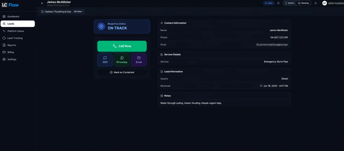 LC Flow self-serve lead detail with call, SMS, WhatsApp and email actions